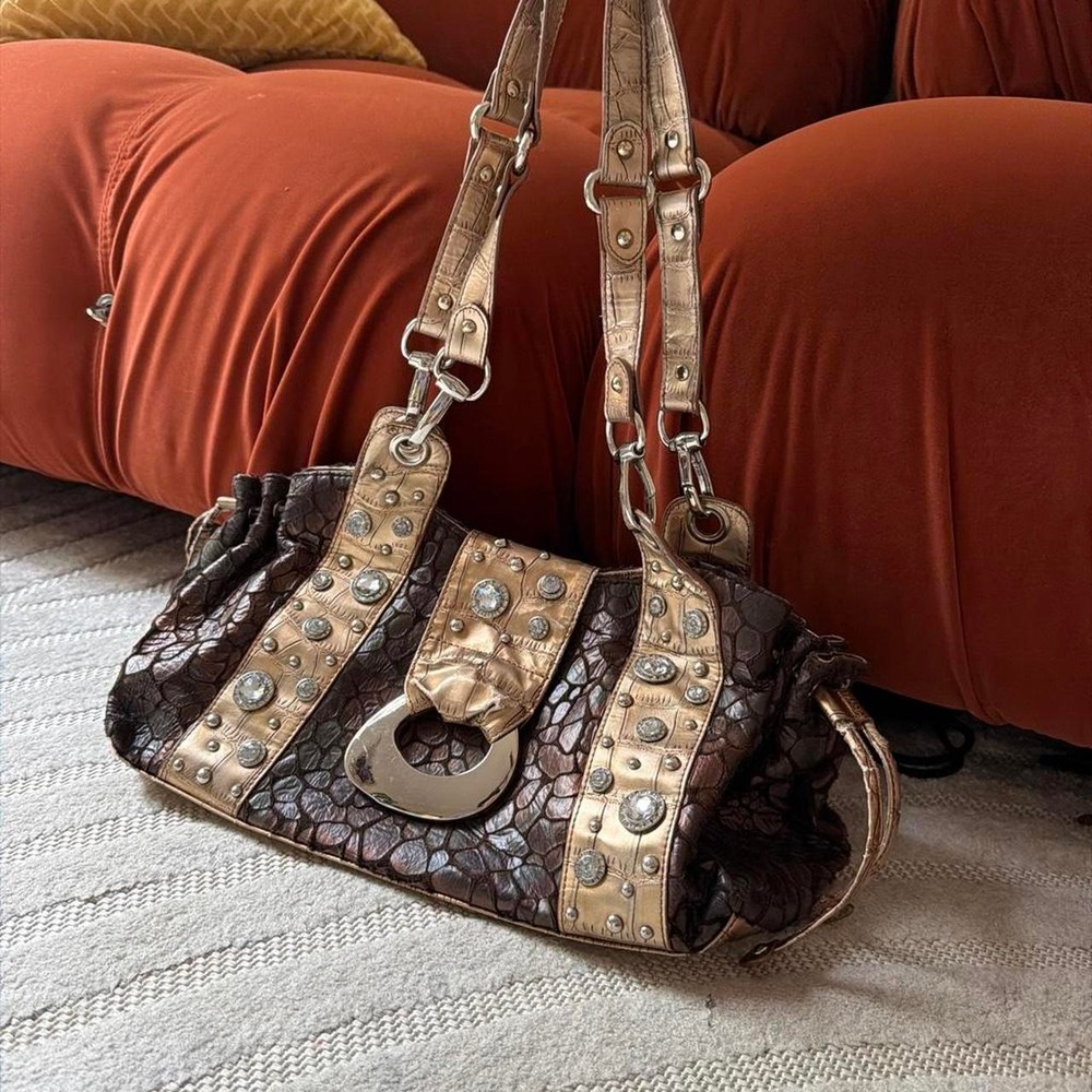 M.C. Crocodile Embossed Purse Y2K Boho Grunge Glam Metallic Jeweled Horseshoe